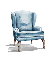 Watercolor vintage blue cozy armchair  isolated on white background. Hand drawn illustration sketch