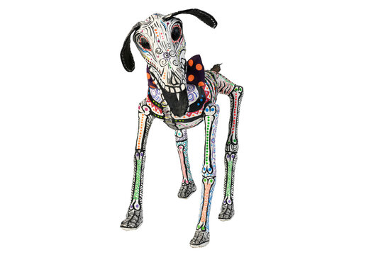 Funky skeleton dog from Mexico with clipping path
Day of the dead toy made of glued paper to honor the departed pets
