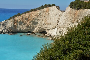 The beautiful turquoise blue color of the Ionian Sea that surrounds the Greek island of Lefkada and Potro Katsiki beach