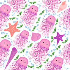 Obraz premium Seamless pattern with detailed transparent jellyfish. Childish seamless pattern with cute hand drawn fishes and jellyfishes in doodle style. Trendy nursery background