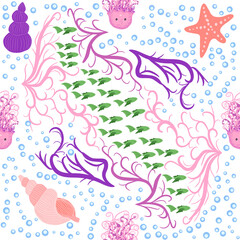 Seamless pattern with detailed transparent jellyfish. Childish seamless pattern with cute hand drawn fishes and jellyfishes in doodle style. Trendy nursery background