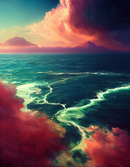 fantastic seascape with an island in the distance and crimson clouds
