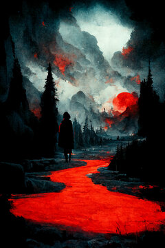 Landscape red blood river. Concept art painting.