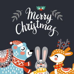 Merry Christmas square card cute animals vector illustration