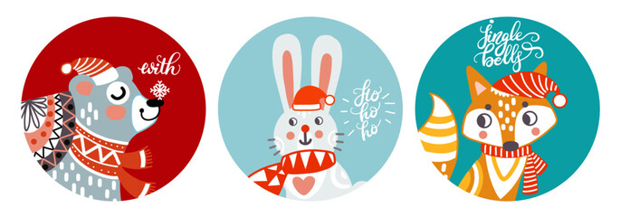 Set of three circle christmas illustration with cute animals vector