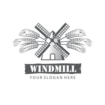 monochrome illustration of windmill and wheat ears isolated on white background