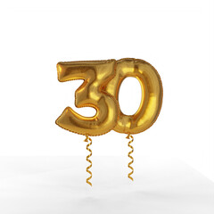 Separate figure thirty in the form of a foil balloon. Template for creating a greeting card for the celebration. 3d rendering.