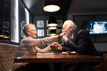 Elderly man kissing a hand of his partner during the Christmas dessert