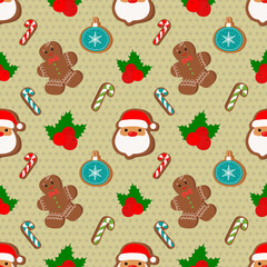Winter Christmas seamless pattern with gingerbread Santa Claus and cookies on a light background. Symbols of a Happy New Year and Christmas. Home decorations, gift wrapping paper, covers, fabrics.