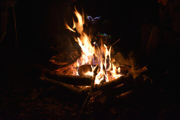 night fire, fire burns at night, firewood burns in fire