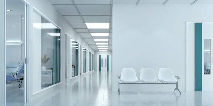 Empty corridor in modern hospital with waiting area and hospital bed in rooms.3d rendering