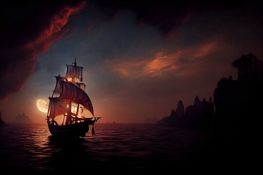 Ship at Sunset in a Ocean Pirates Ship beautiful Ocean view 