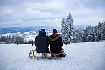 the backs of people sitting on a sled against the background of a snow-covered ski slope in winter