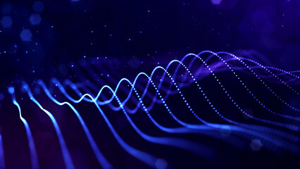 3d render. Abstract sci-fi bg with glow particles form curved lines, surfaces, hologram structures or virtual digital space. Deep blue motion design background of microworld or cosmic space. Strings