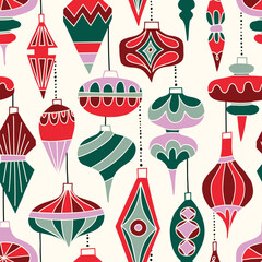 Retro Hanging Baubles Vector Seamless Pattern. Vintage Winter Holidays Ornaments Background. Festive Mid Century Modern Graphic Print - 533774371