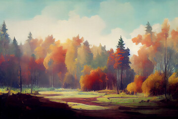 Colorful autumn forest landscape in the morning. Artistic effect of painting with paints. Digital illustration