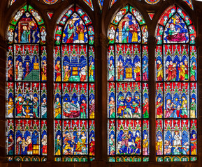 Gothic stained glass with New Testament Stories in the Strasbourg Cathedral Our Lady of Strasbourg...