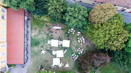 Top view drone photo of an outdoor party