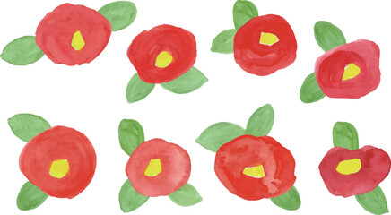 水彩画。水彩タッチの赤い椿ベクターイラスト。椿と葉っぱのセットイラスト。Watercolor painting. Red camellia vector illustration with watercolor touch. Set illustration of camellia and leaves.