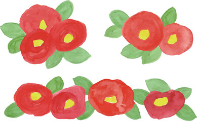 水彩画。水彩タッチの赤い椿ベクターイラスト。椿と葉っぱのセットイラスト。Watercolor painting. Red camellia vector illustration with watercolor touch. Set illustration of camellia and leaves.