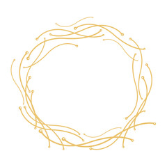 Hand drawn scratched circle golden frame with doodle floral elements. Abstract golden spot background. Design element. Copy space for text