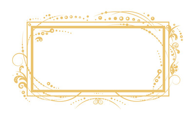 Hand drawn rectangular vintage frame. Abstract golden spot background with floral elements. Copy space for text