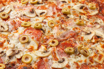 Pizza background - macro shot of italian pizza Carbonara.