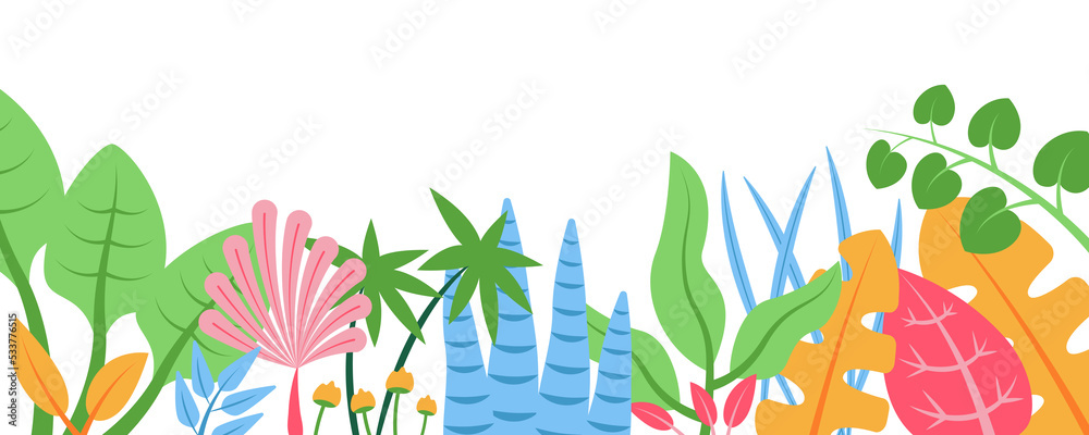 Poster Summer nature background with floral pattern concept. Horizontal web banner with colorful leaves and plants. Decorative botanical border isolated. Illustration in flat design for website.