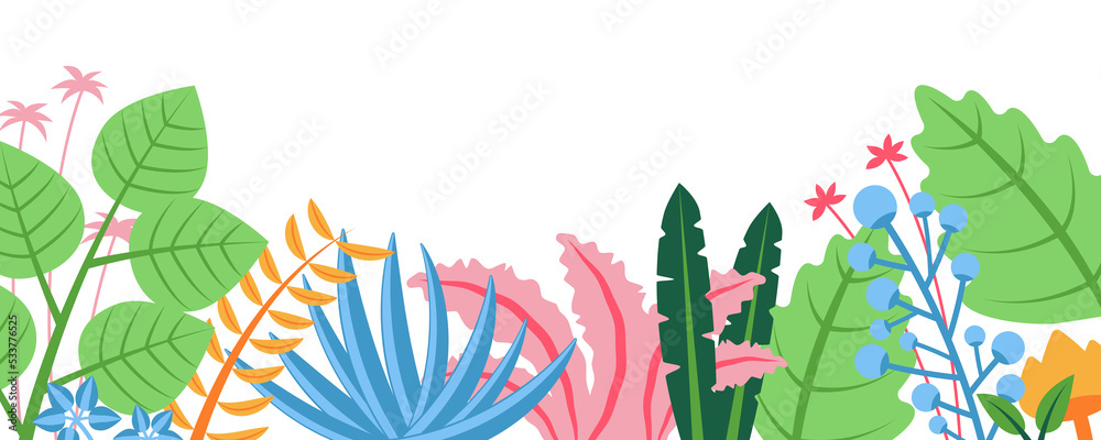 Poster summer nature background with floral pattern concept. horizontal web banner with blooming flowers an