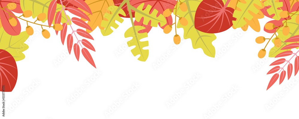 Poster Autumn nature background with leafage pattern concept. Horizontal web banner with fall leaves, rowanberry and other berries elements. Autumnal border. Illustration in flat design for website.