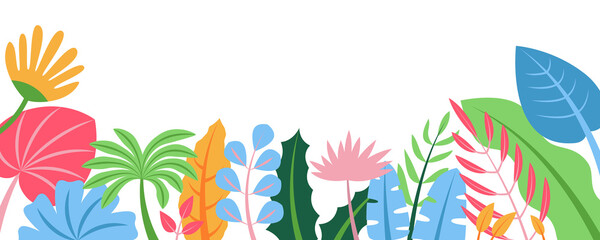 Fototapeta na wymiar Summer nature background with floral pattern concept. Horizontal web banner with leaves, flowers and plants. Seasonal botanical border isolated. Illustration in flat design for website.