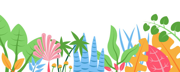 Summer nature background with floral pattern concept. Horizontal web banner with colorful leaves and plants. Decorative botanical border isolated. Illustration in flat design for website.