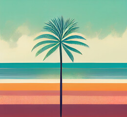 Fototapeta na wymiar Abstract simple picture of sea beach with palm tree. Southern travel icon. Digital illustration.