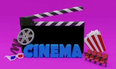 3d illustration,laptop and rows of cinema seat,video player or home cinema concept,cinema word,pink background,3d rendering.