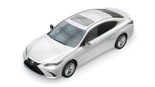 Tokyo. Japan. September 27, 2022. Lexus ES300h 2022. White hybrid premium business sedan on a white background. 3d rendering.