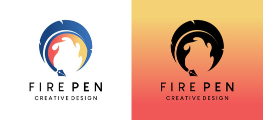 Pen logo design with fire concept, vector illustration
