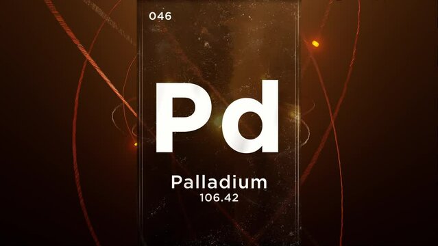 Palladium (Pd) symbol chemical element of the periodic table, 3D animation on atom design background