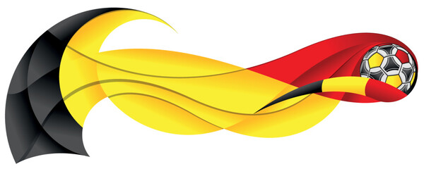 Black yellow and red soccer ball leaving an abstract trail in the form of a wavy with the colors of the flag of Belgium on a white background. Vector image