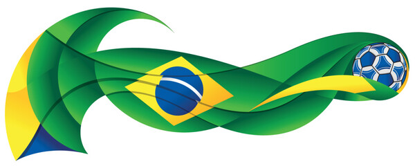 Green, blue and yellow soccer ball leaving a wavy trail with the colors of the Brazilian flag on a white background. Vector image - Powered by Adobe