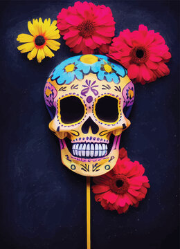 A creepy colourful portrait of a skull with flowers for "dia de los muertos", "Day of the dead". Poster idea, invitation card idea. Mexican celebration.