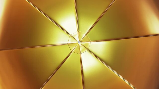 Realistic looping 3D animation of the spinning glossy golden metallic fabric umbrella or parasol rendered in UHD as motion background