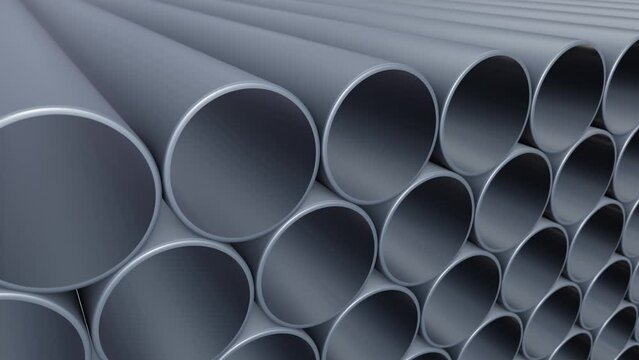Tracking DOF camera looping 3D animation of the PVC pipes stacked at warehouse rendered in UHD
