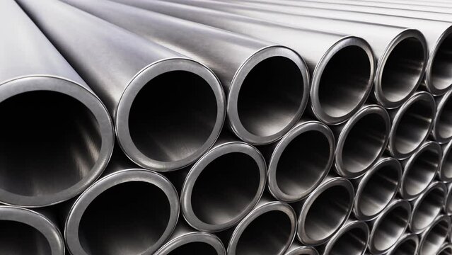 Tracking DOF camera looping 3D animation of the steel pipes stacked at warehouse rendered in UHD