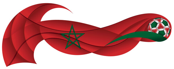 Green and red soccer ball leaving an abstract wavy trail with the colors of the Moroccan flag on a white background. Vector image