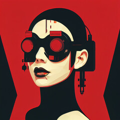 Cyberpunk woman with glasses, tech woman black ink illustration. Cyborg female	
