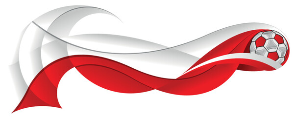 Red and white soccer ball leaving an abstract trail in the form of a wavy with the colors of the flag of Poland on a white background. Vector image
