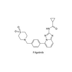 Filgotinib molecule flat skeletal structure, Tyrosine kinase - JAK inhibitor used in Rheumatoid arthritis, COVID 19 Vector illustration on white background. © Basstock