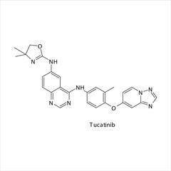 Tucatinib molecule flat skeletal structure, Tyrosine kinase - EGFR inhibitor used in Metastatic breast cancer - ErbB2 Vector illustration on white background.