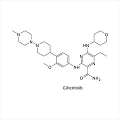 Gilteritinib molecule flat skeletal structure, Tyrosine kinase - EGFR inhibitor used in Acute myloid leukemia - AML Vector illustration on white background.