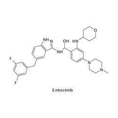 Entrectinib molecule flat skeletal structure, Tyrosine kinase - EGFR inhibitor used in ROS-1 positive tumours Vector illustration on white background.